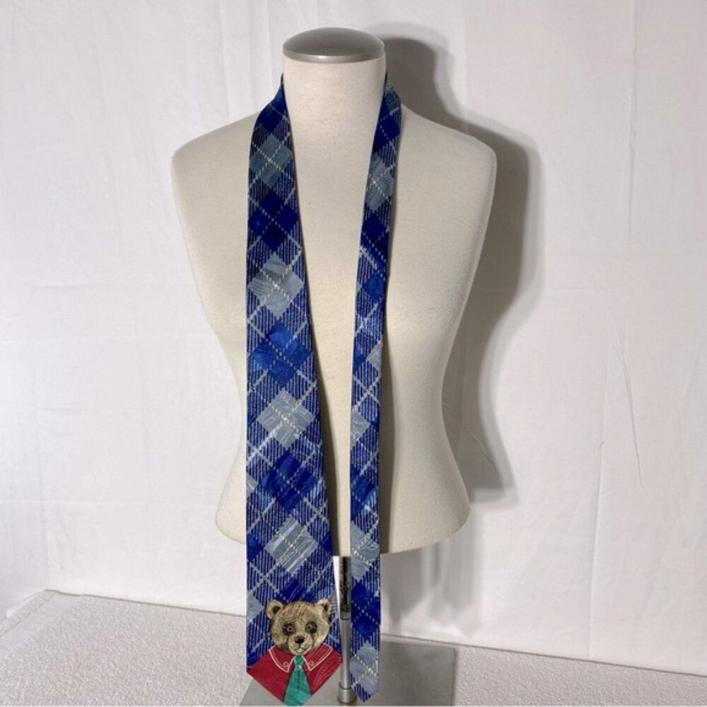 Vintage Gold City Blue Plaid With Teddy Bear Tie